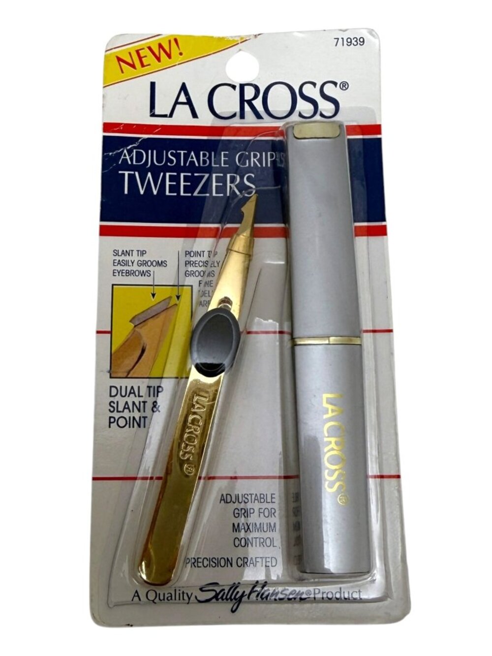 LA CROSS Tweezers with Holder Gold Tone Slant Tip Adjustable Grip New Old Stock